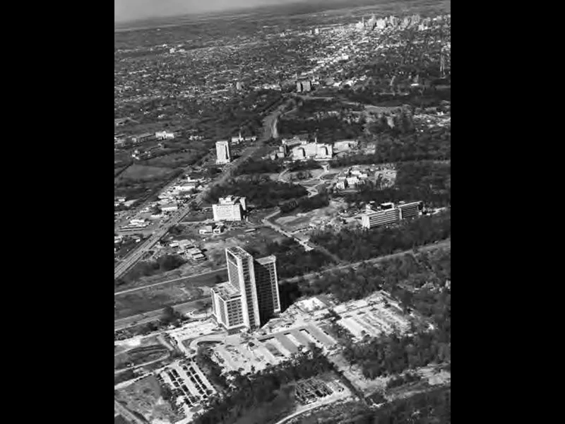 Aerial photograph of Texas Medical Center, including the Prudential Building under construction.