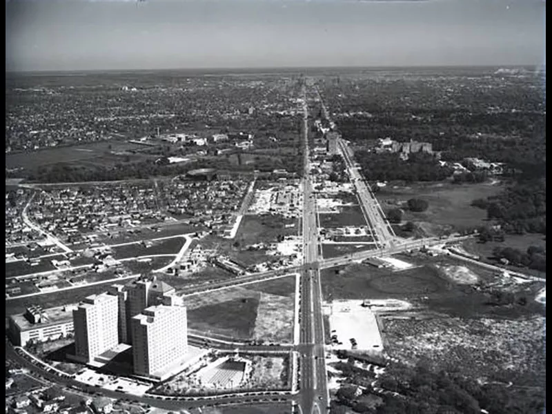 Aerial of medical center, Rice, and Shamrock Hotel, looking northeast, March 22, 1949