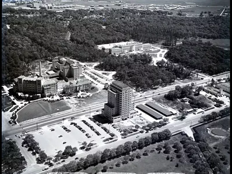 Aerial of TMC buildings, looking southwest, April 6, 1949
