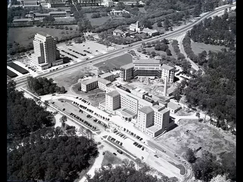 Aerial of TMC buildings, looking northeast towards Rice University, April 6, 1949