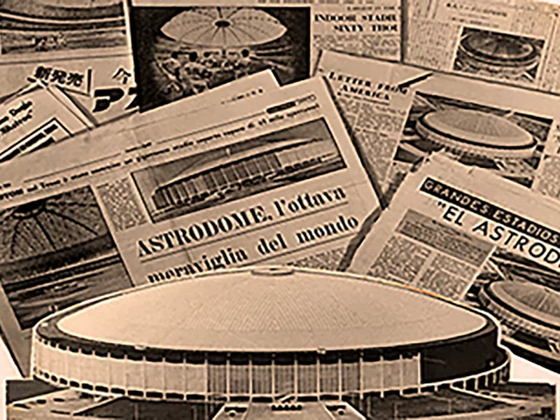 Image of the Astrodome edited in front of a collection of newspapers