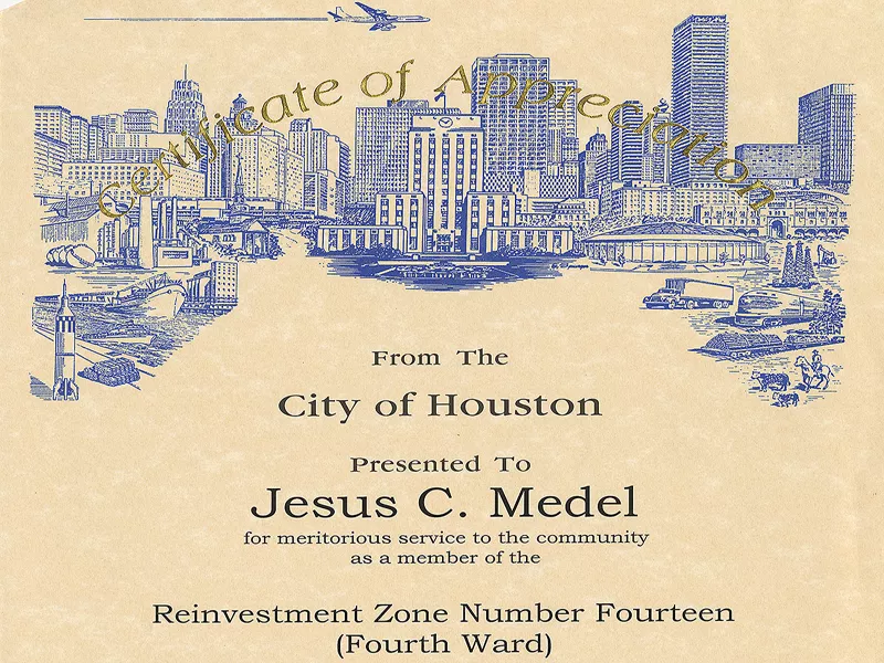 Certificate of Appreciation from the City of Houston to Jesus C. Medel