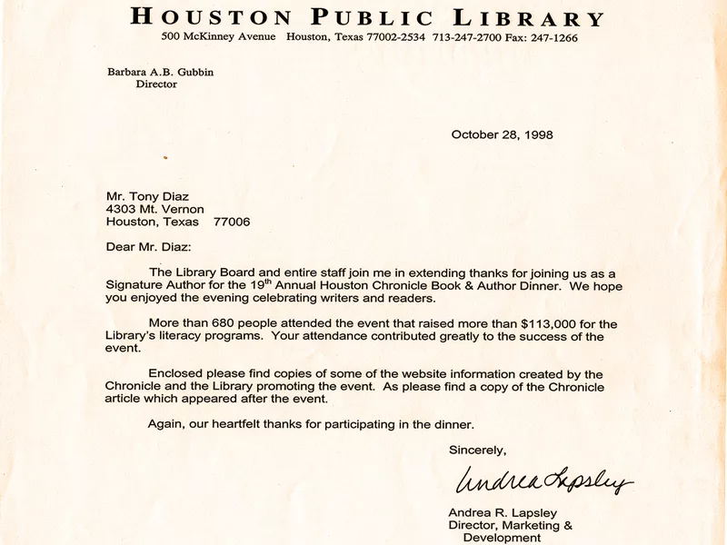 Letter from the Houston Public Library Director to Tony Diaz
