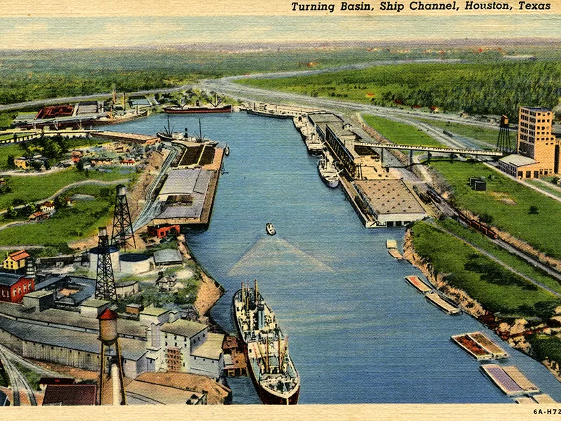 Postcard illustration of a turning basin in the Houston Ship Channel