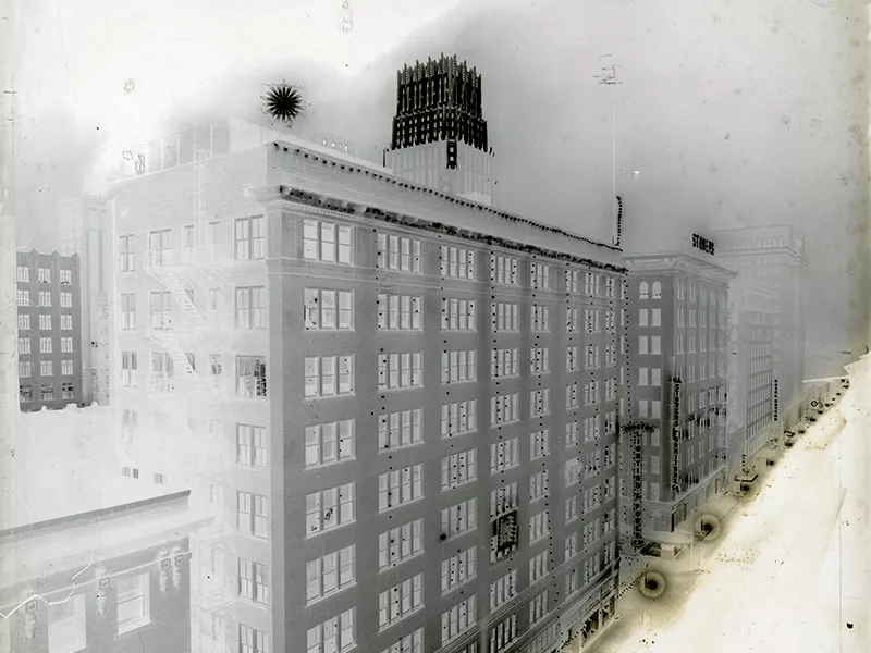 Photo negative of the Gulf Building at night