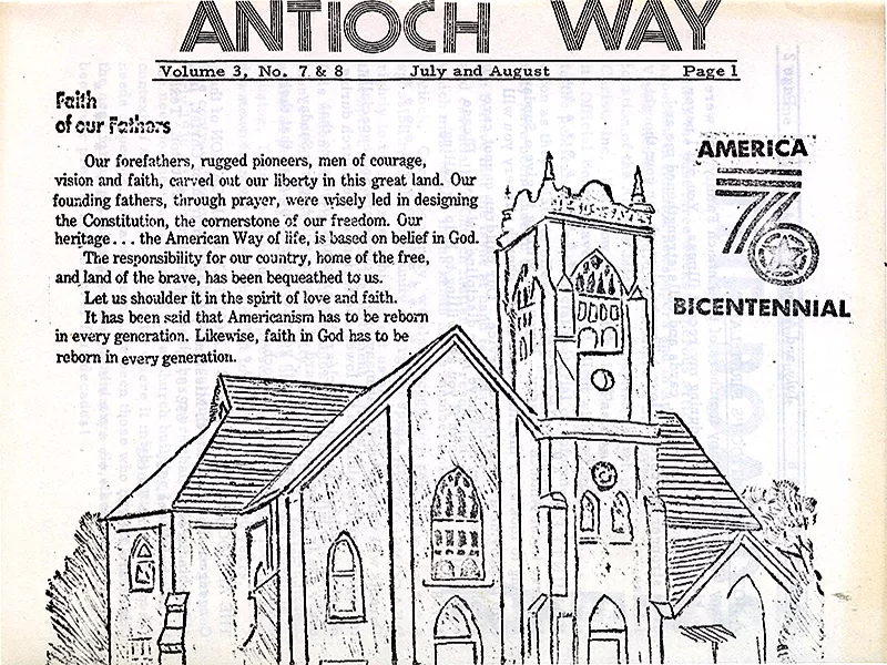 Front page for the Antioch Way newsletter, featruing an illustration of a church