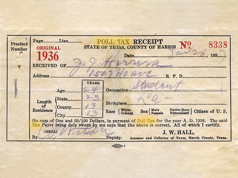Poll tax receipt for John J. Herrera, County of Harris - 1936